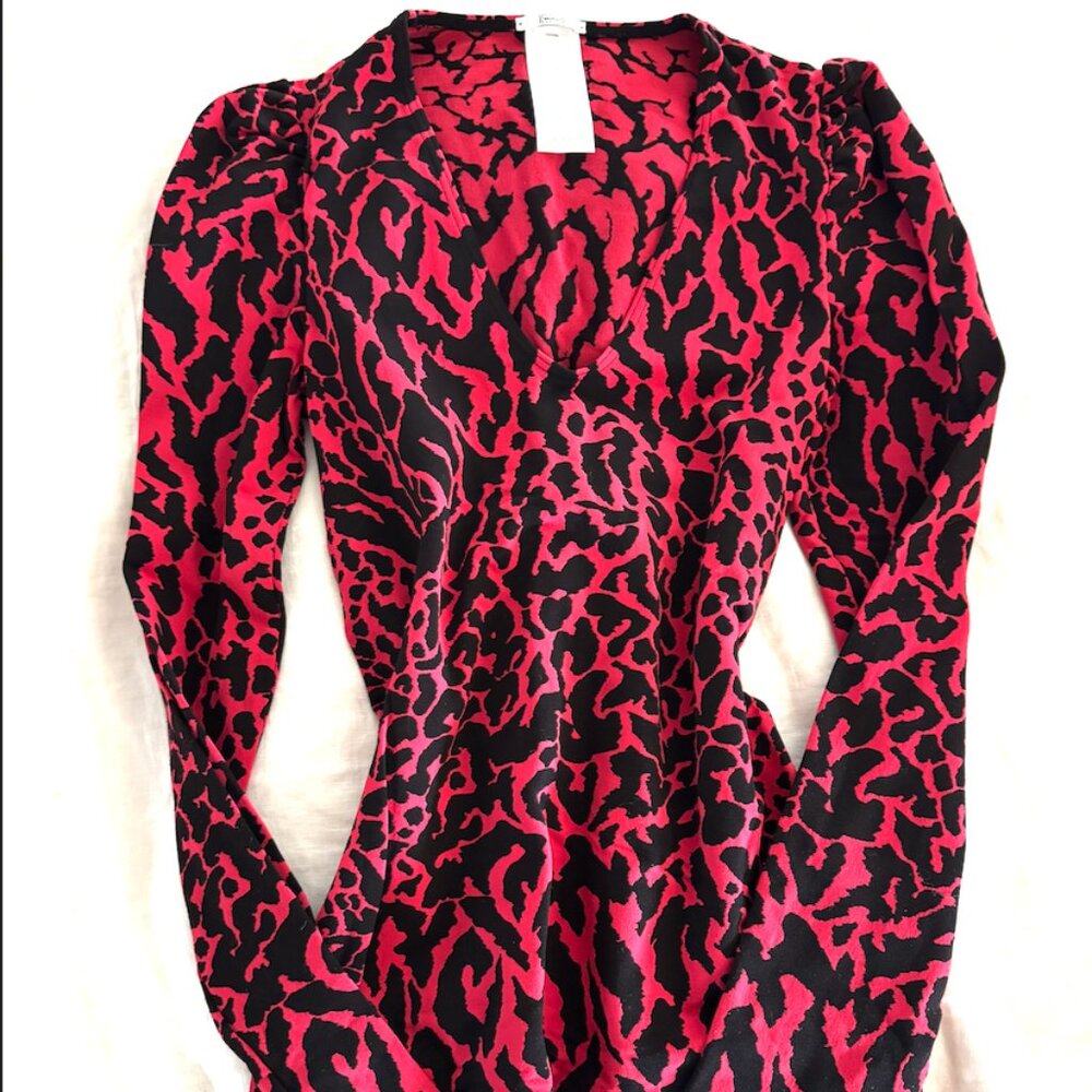 Wolford Top Cheetah Animal Print Long Puff Sleeve Red Stretch Bodycon Sz S